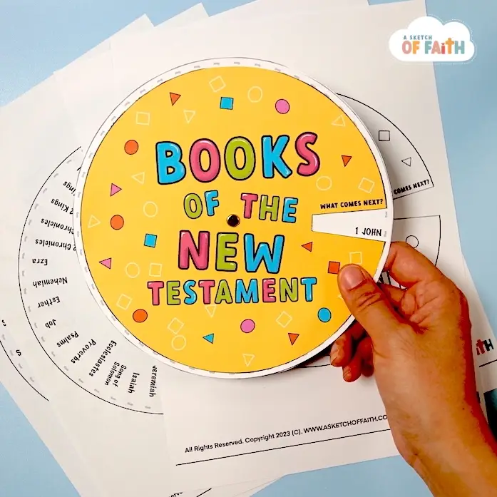 Books of the Bible craft spinning wheel for kids