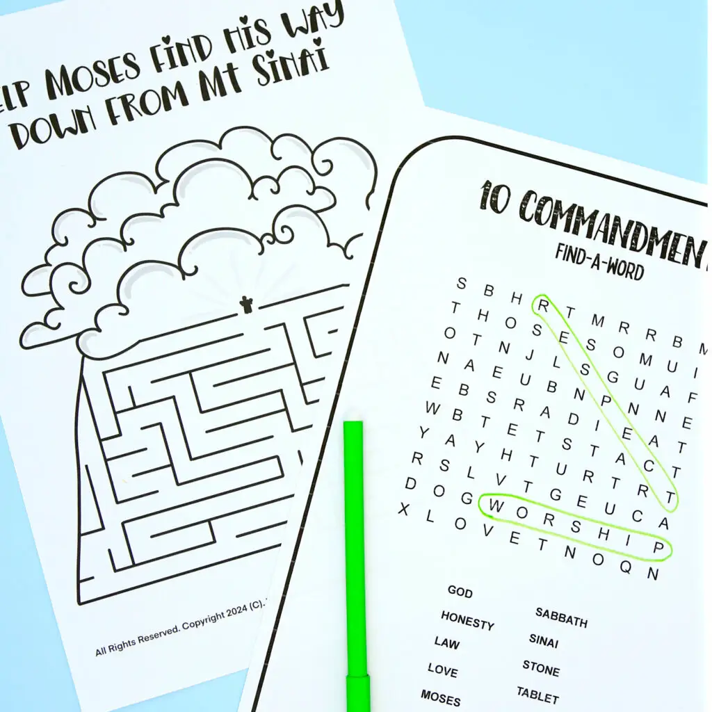 ten commandments maze and find a word activities