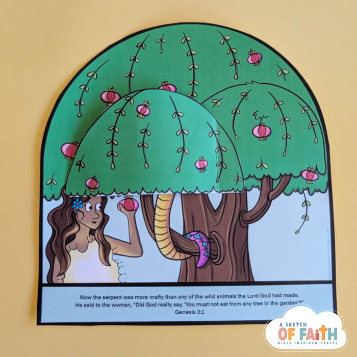 Photo of a paper Bible craft based on The temptation with Eve and the Serpent in the Garden of Eden